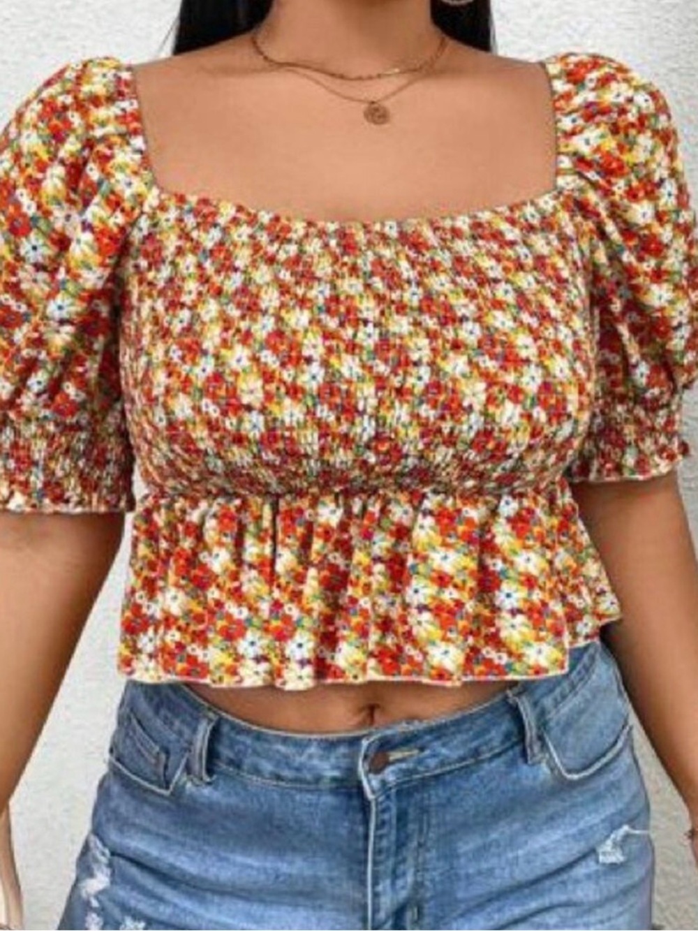 SHEIN Multicolor Floral Smocked Puff Sleeve Blouse